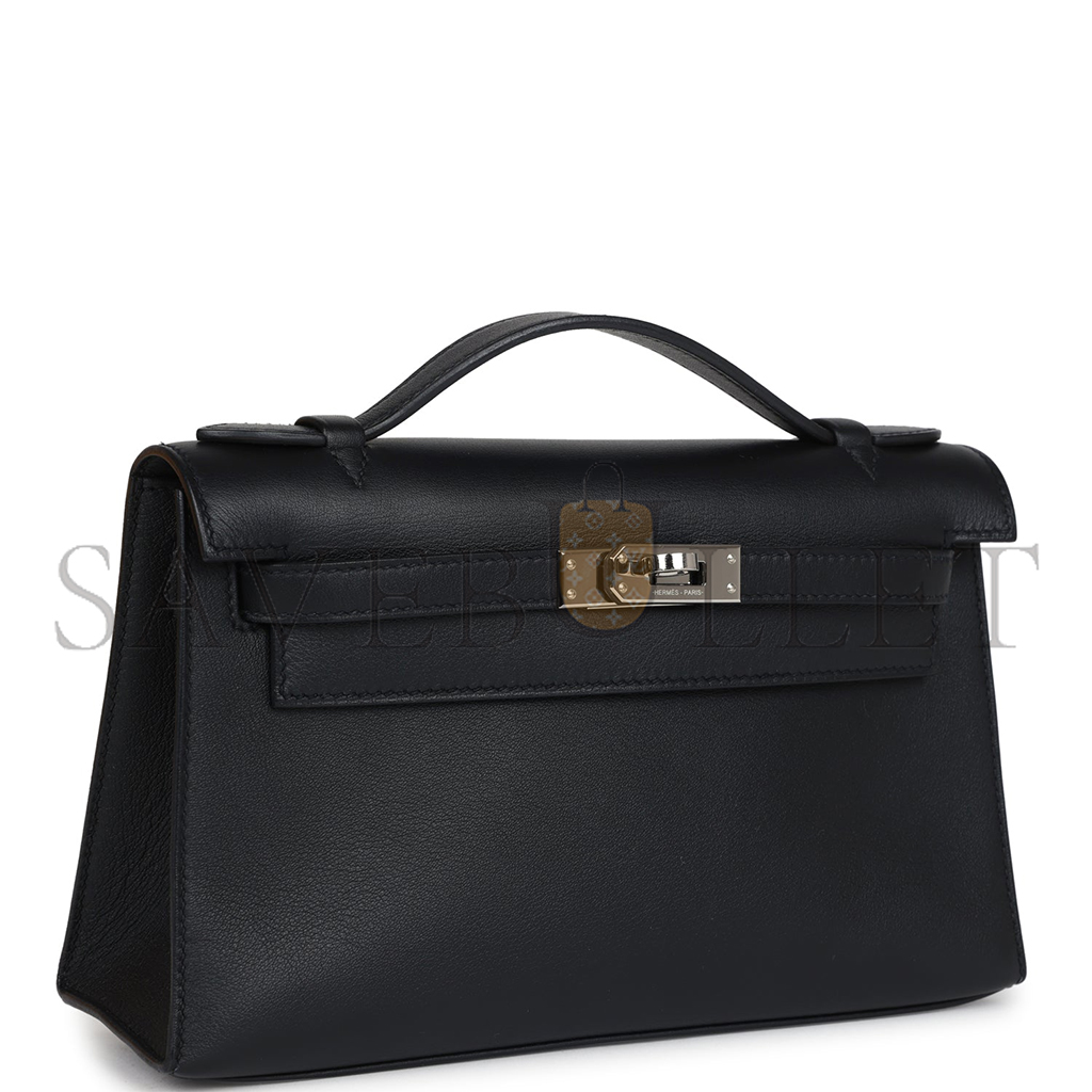 HERMÈS MASTER KELLY POCHETTE BLACK WITH VELVET GREEN SWIFT PALLADIUM HARDWARE (22*14*7cm) 